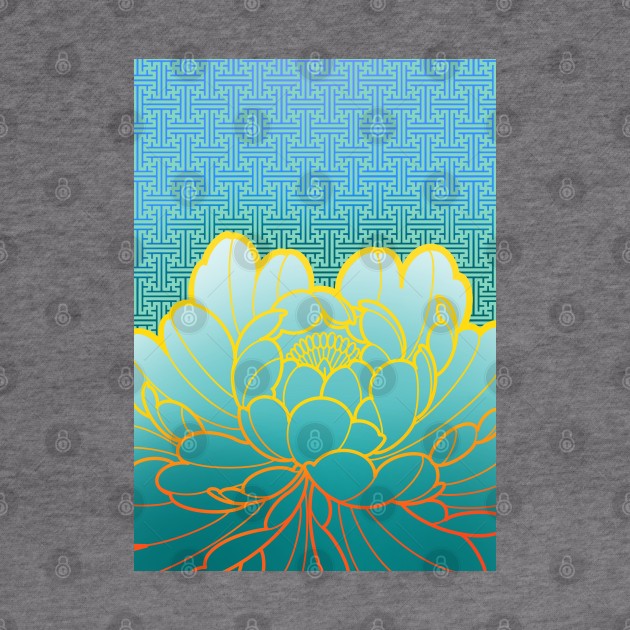 turquoise peony flower and sayagata pattern by weilertsen